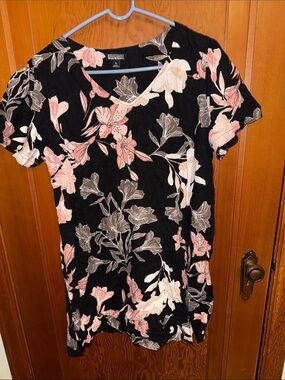 Nicole Miller Black Floral V-Neck Tunic with Pink & Cream Blooms